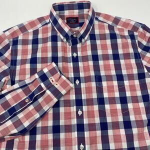 Untuckit Large Blue Red White Plaid Long Sleeve Button Up‎ Cotton Redaelli Shirt